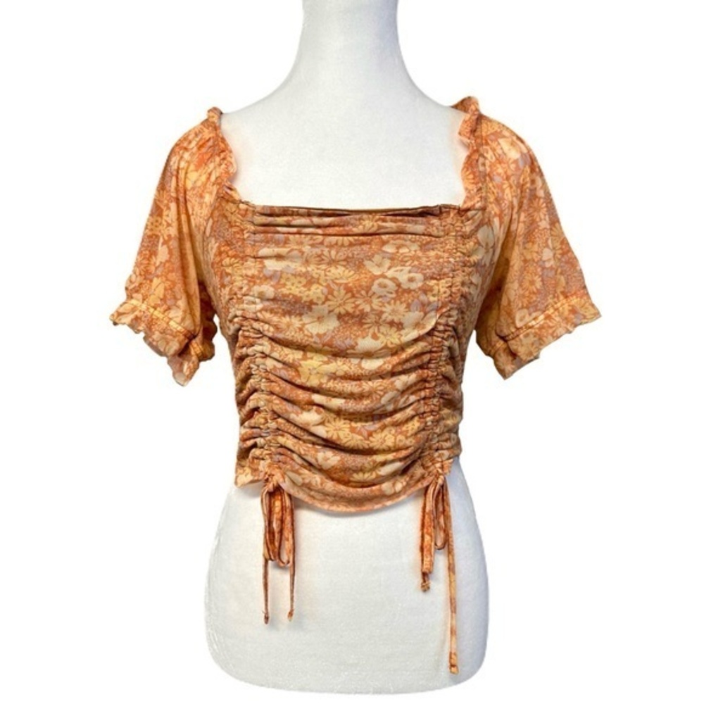 Arizona Jeans Co Milkmaid Top Ruched Tie Floral Daisy Orange 70s Cute Size Med